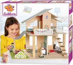 Eichhorn - Casa de muñecas con accesorios - Incl. Muebles y 3 figuras, Sin montar, Fabricado en madera, 25 piezas, 53X36X44 cm de tamaño, Desde TRES años Naty Shop casas de muñecas