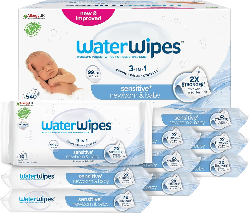 WaterWipes Sensitive+ Toallitas Húmedas para Recién Nacidos y Bebés, 540 Piezas (9 Paquetes), 3 en 1 Limpieza, Cuidado, Protección, 99,9% Agua, Sin Fragancia
