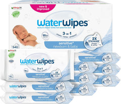WaterWipes Sensitive+ Toallitas Húmedas para Recién Nacidos y Bebés, 540 Piezas (9 Paquetes), 3 en 1 Limpieza, Cuidado, Protección, 99,9% Agua, Sin Fragancia