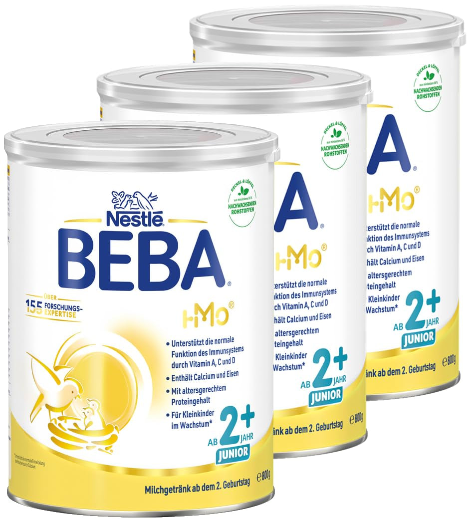 BEBA Junior 2+ bebida láctea a partir de 2 años, Con HMO, Contenido de proteínas apropiado para la edad, Solo lactosa, Sin aceite de palma, Sin aceite de pescado, Comida para niños pequeños, Leche en polvo para bebés, Paquete de 3 (3 x 800 g)