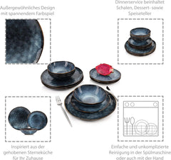 SÄNGER | Set de veselă Tokyo cu 12 piese, set de veselă din gresie pentru 4 persoane, inclusiv farfurii de cină, farfurii de desert și boluri, albastru închis cu accente negre | COLECȚIA PREMIUM