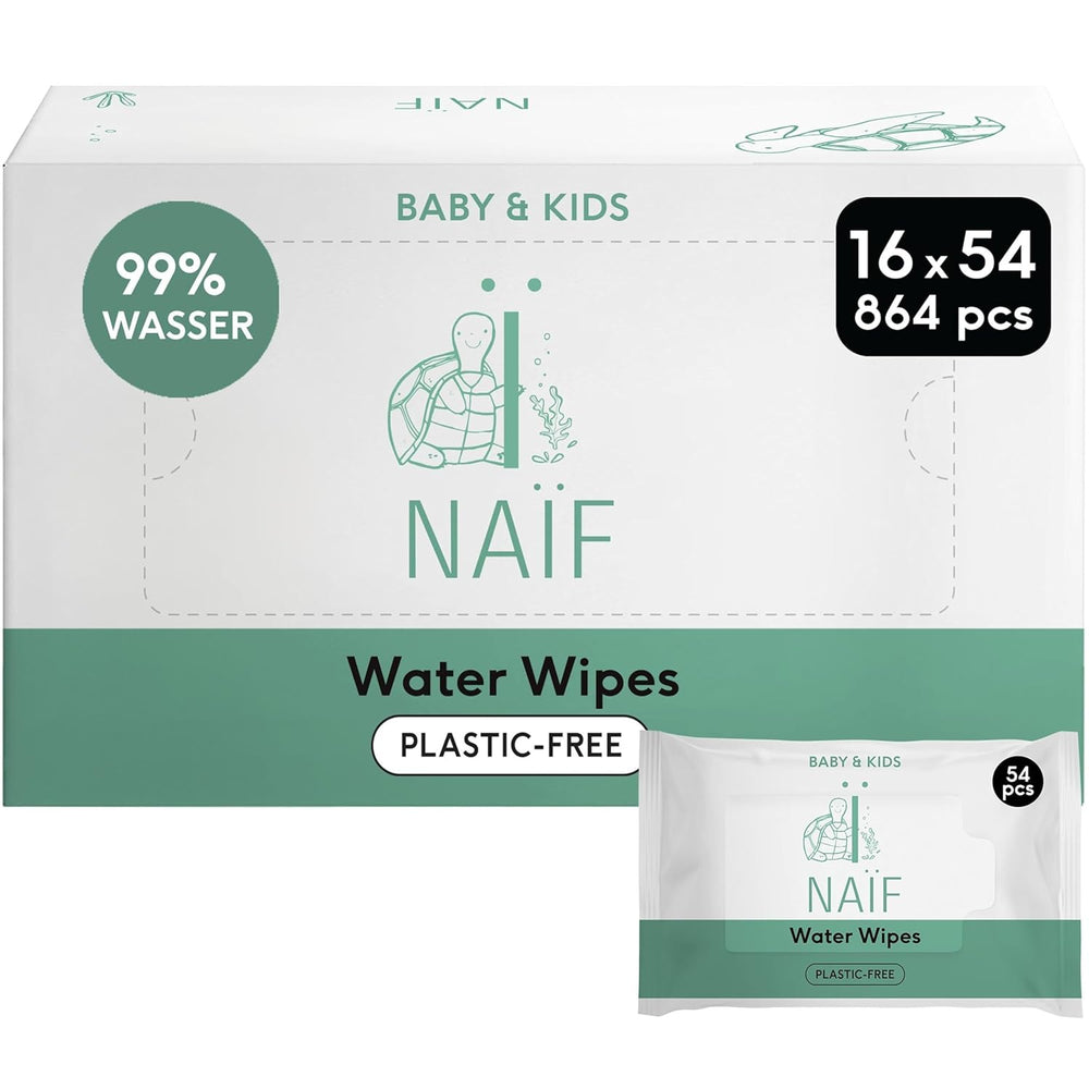 Naïf - Toallitas húmedas sin plástico - 864 piezas (16 paquetes de 54 toallitas) - Cuidado del culito, cuerpo y cara del bebé - 99% agua - 0% perfume y alcohol