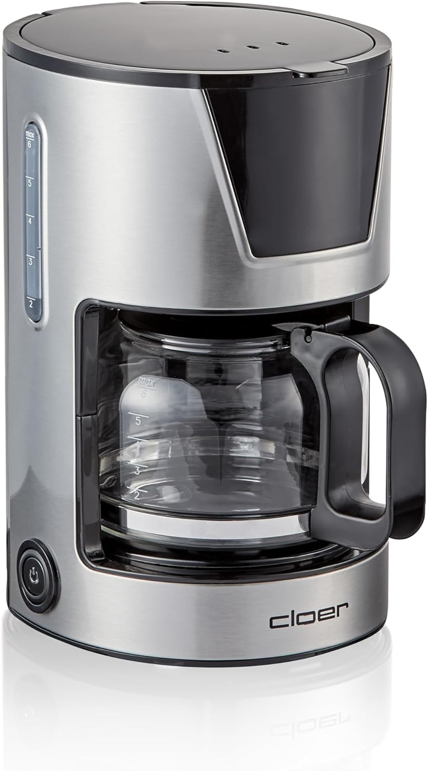 Espressor cu filtru Cloer pentru 6 cești, funcție delicată de menținere la cald, carafă din sticlă, lingură de măsurat, indicator al nivelului apei, sistem anti-picurare, oprire automată, dimensiune filtru 1x2, 550 W, oțel inoxidabil