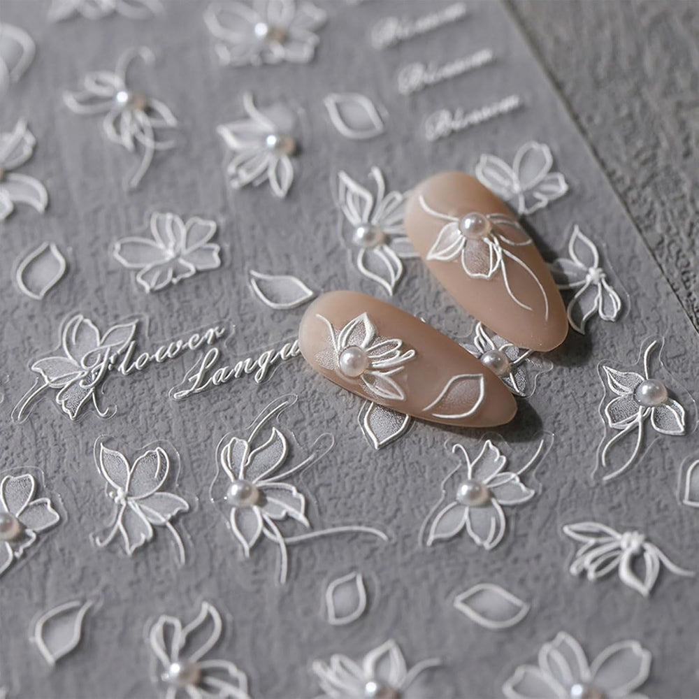 JMEOWIO 3D Nagelsticker Weiße Blumen Nail Art Sticker Selbstklebend Nagelaufkleber 5D Stereoskopisch Dekoration Nageldesign Zubehör 1 Blatt