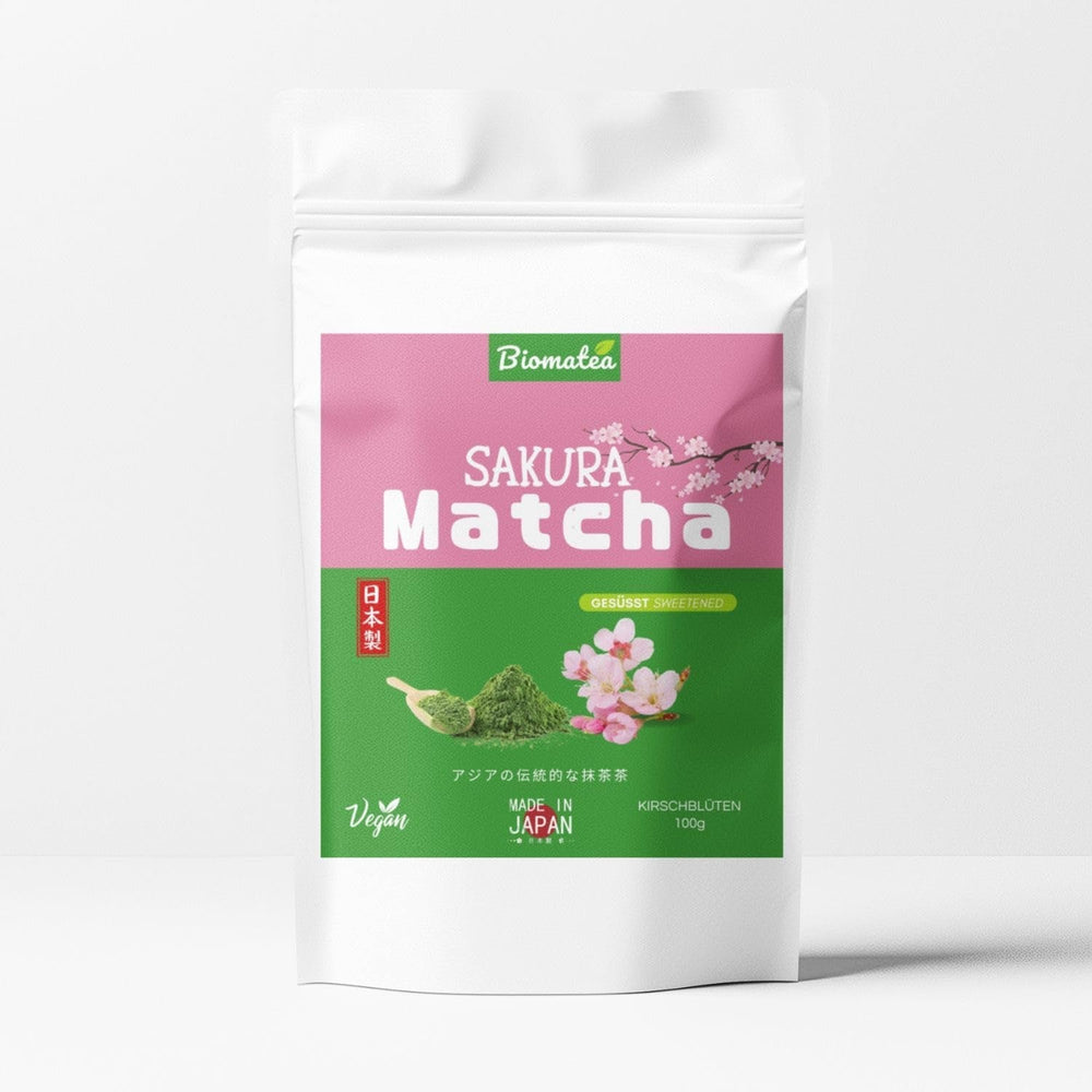 Pudră Matcha aromatizată – piersică japoneză, sakura sau mango – îndulcită – 100 g – solubilă instantaneu în apă sau lapte (Sakura)