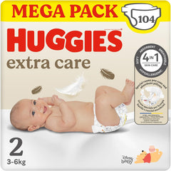 Huggies Pañales Extra Care para Bebé, Talla 2 (3-6kg), Súper Absorbentes, Diseño Disney, Mega Pack, 104 Piezas