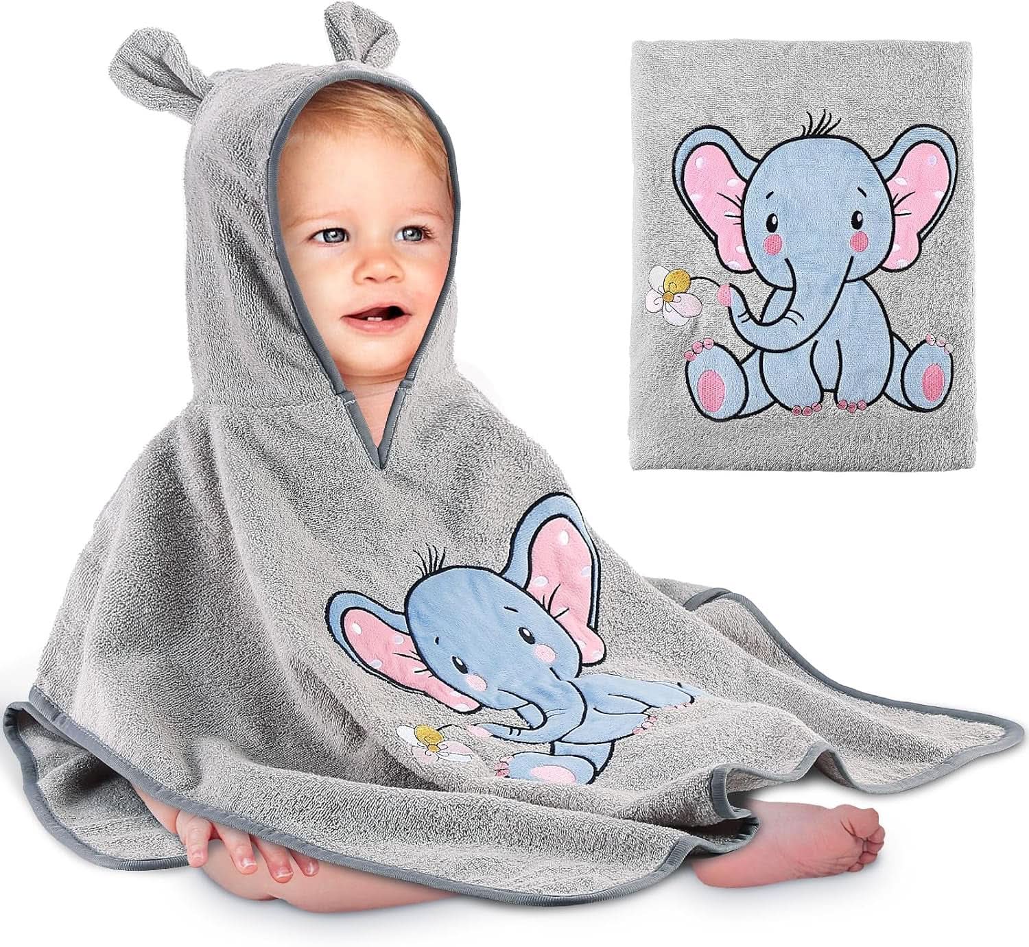 Poncho de baie pentru copii Oeko TEX, 100% bumbac Mama si Copilul Naty Shop Elefant gri deschis