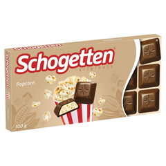 Palomitas Schogetten 1 barra de chocolate x 100g, chocolate con leche con palomitas y trozos de maíz, prácticas piezas individuales. Un manjar. Pieza por pieza.