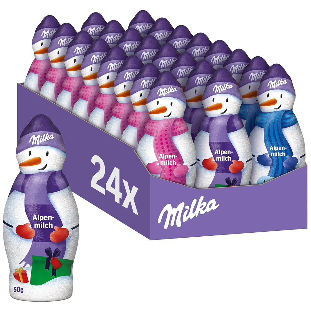Milka Snowman Alpine Milk - Paquete grande de figuras de muñecos de nieve de chocolate en 3 modelos - 24 x 50 g
