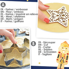 ScrapCooking - Set Forme de Biscuiți + Mașină de Gofrare Spargător de Nuci din Lemn – Formă de Biscuiți de Crăciun din Oțel Inoxidabil pentru Biscuiți în Relief – Accesoriu Formă de Coacere Sablată – Culoare Aurie – 2097