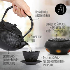 Set de ceai Lumaland cu 8 piese | Ceainic din fontă Tetsubin de 1,4 litri | Încălzitor din fontă | 2 cești de ceai și 2 farfurioare | Set de ceai japonez, inclusiv lingură de măsurat din bambus și infuzor din oțel inoxidabil