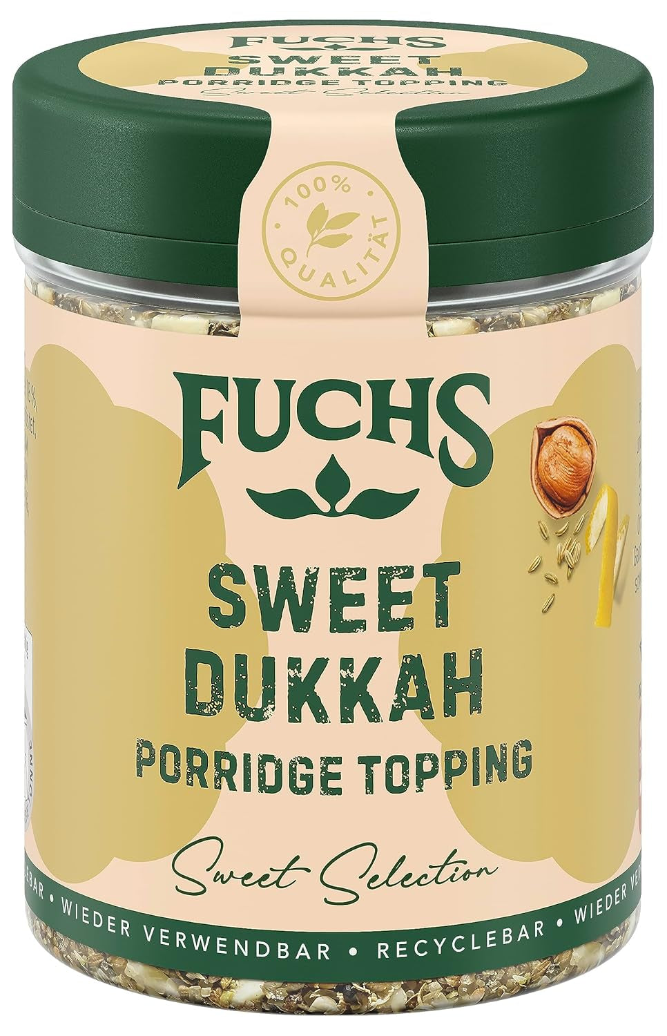 Fuchs Gewürze - Cobertura de gachas de avena "Sweet Dukkah" - Cobertura crujiente con Haselnuss, Sesam und Mandeln für Oat-Meals - aus natürliche Ingrediente - 60 g en wiederverwendbarer, recyclebarer Dosis