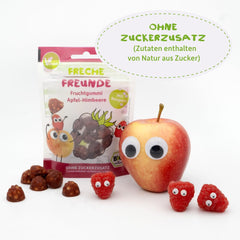 FRECHE FREUNDE Jaleas de frutas orgánicas, piruletas de manzana, frambuesa y arroz, snack dulce afrutado para niños, sin gluten, vegano, paquete de 20 (20 x 30 g)