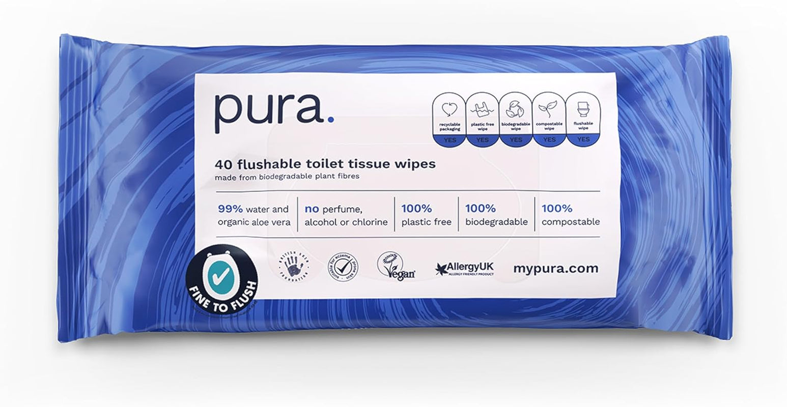 Șervețele umede Eco Flushable, 1 pachet (40 de șervețele), 100% fără plastic, 99% apă, șervețele umede sensibile și hrănitoare, certificate "Fine to Flush" Biodegradabile, Vegan (pachet cu 3)
