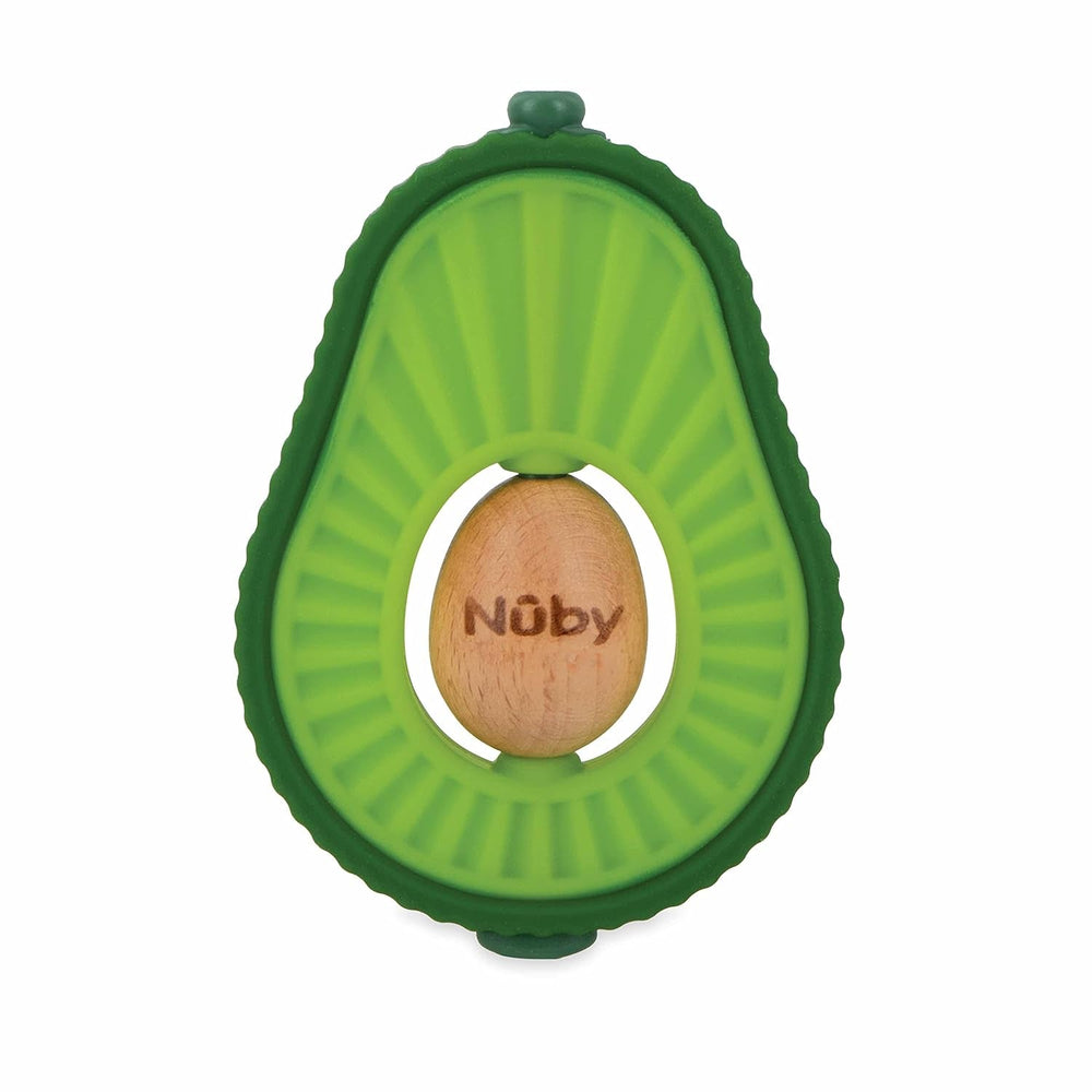 Nuby - Inel de dentiție „Avocado” - Jucărie de dentiție din silicon și lemn - Miez rotativ din lemn - Jucărie de dentiție pentru bebeluși și copii mici - Ajutor pentru dentiție - Fără BPA - 6+ luni