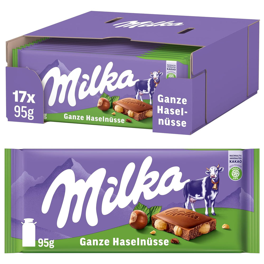 Milka Alpine Chocolate con leche con avellanas enteras - Chocolate con nueces crujientes - 17 x 95g