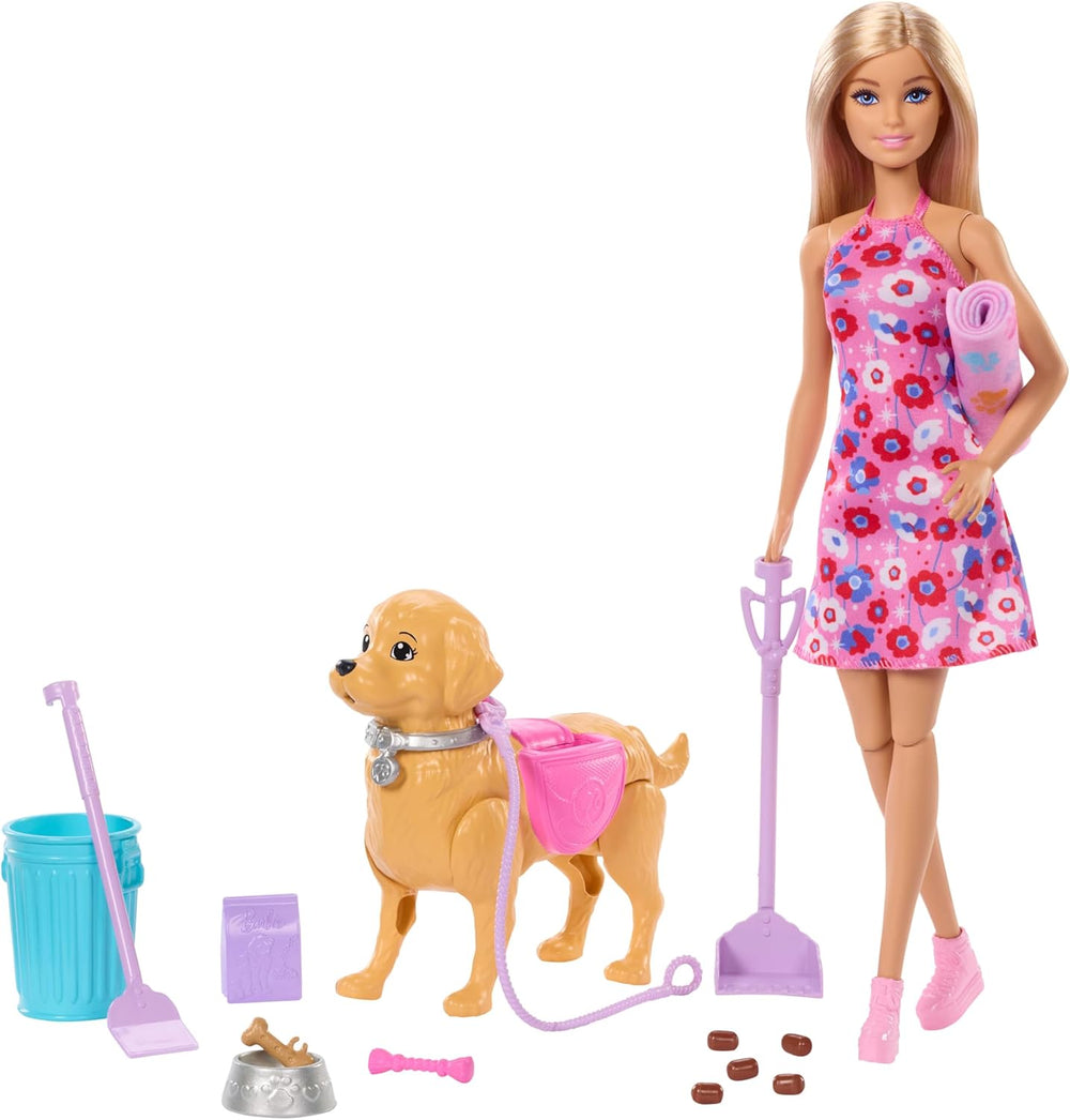Barbie Hundespaziergang Spielset, enhtät einen Spielzeughund der gehen und Häufchen Machen kann, una Barbie Malibu-Puppe sowie EIN Kehrset und Hundezubehör, JJB46