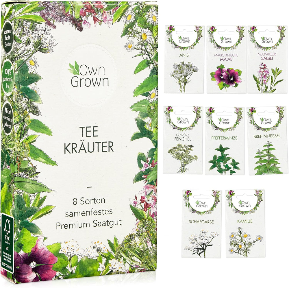 Set de semințe de ceai: 8 varietăți de semințe pentru balcon și grădină – mentă, mușețel, anason, urzică, nalbă – semințe de plante – ceai – cutie de ceai – plante OwnGrown