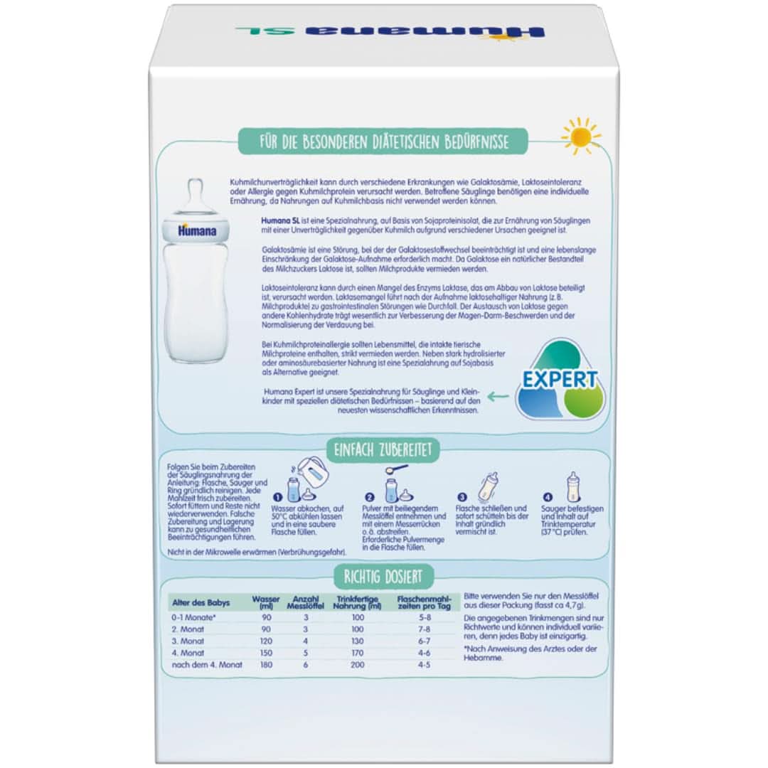 Humana SL Expert, de la nastere, hrana speciala pentru intoleranta la laptele de vaca datorita intoleranta la lactoza, galactozemie sau alergie la proteinele din laptele de vaca, pentru sugari si copii mici, 600 G Mama si Copilul Naty Shop
