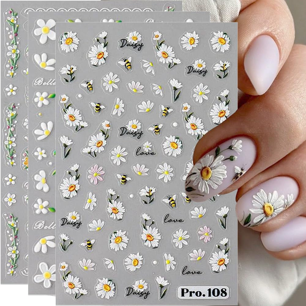5Pcs Geprägte Gänseblümchen Nagelsticker Selbstklebend Blumen Nagelaufkleber Gänseblümchen Schmetterling Nagel Sticker Nageldesign Aufkleber Nägel Zubehör Blume Nail Sticker Flower Nail Art Stickers