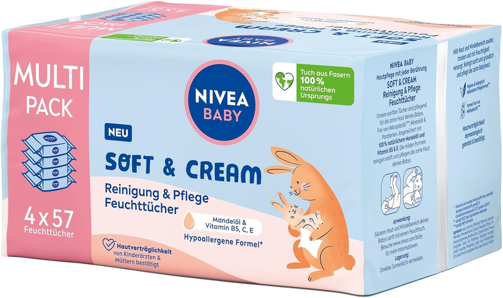 NIVEA BABY Toallitas húmedas Soft & Cream para bebés (4 x 57 piezas)