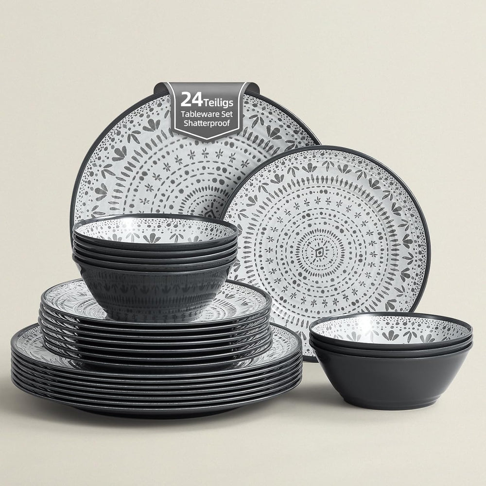 Set de tacâmuri pentru camping din melamină, format din 24 de piese, pentru 8 persoane - set de farfurii și set de tacâmuri din melamină, perfect pentru rulote, petreceri în grădină și petreceri pe terasă