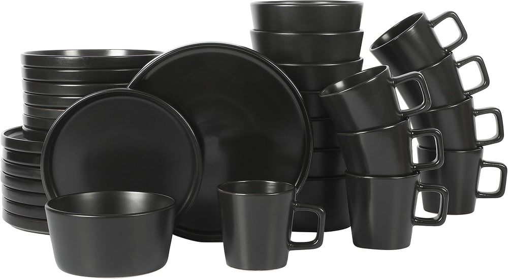 Set de veselă Bowery, 32 de piese, negru mat, gresie, farfurii, boluri și căni, serviciu pentru 8 persoane