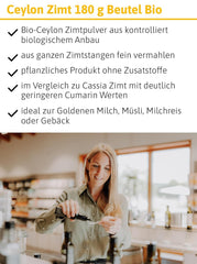 - BIO Ceilán Zimt | Ceilán Zimtpulver aus kontrolliert biologischem Anbau | Zimtpulver fein vermahlen aus ganzen Zimtstangen. Ideal para Muesli, Milchreis, Gebäck uvm. | Contenido: 180 gramos