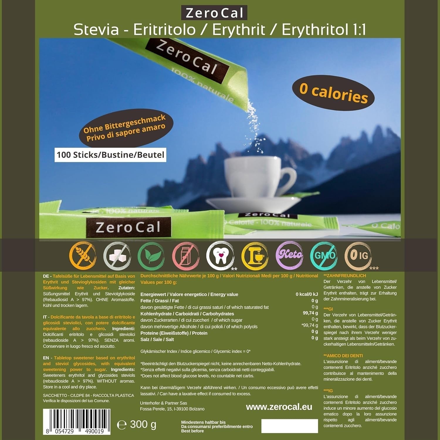 Zerocal - 1:1 (Erythrit + Stevia) 100 Sticks Je 3 G | Ideal Zum Süßen Von Kaffee, Tee Und Andere Getränke | Gleiche Süßkraft Von Zucker | Glutenfrei, Vegan, Gmo-Free | Kalorien Und GI = 0 Indulcitori Naty Shop