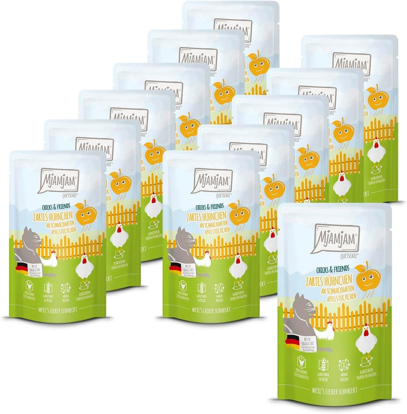 Mjamjam - Hrană umedă premium pentru pisici - Chicks & Friends Box, 9 pachete (9 X 300G), fără cereale și cu carne suplimentară