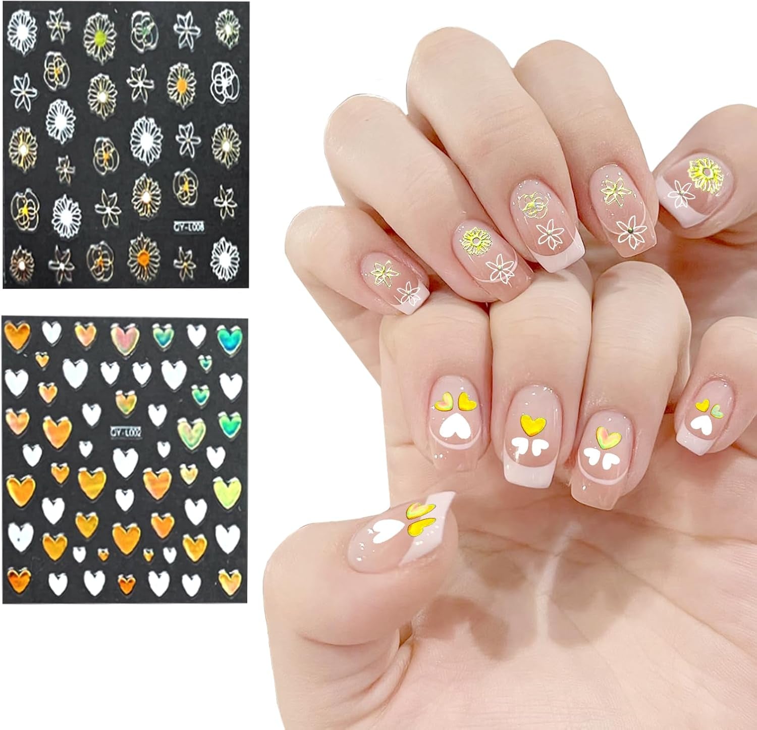 3D Nagelsticker Aurora 30 Blatt Gold Nail Art Sticker Selbstklebend Nagelaufkleber Holografisches Stern Herz Dekoration Nageldesign Zubehör