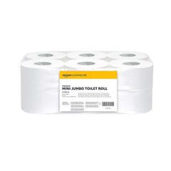 Hârtie igienică Amazoncommercial Mini Jumbo, neparfumată, 2 straturi, 6684 bucăți, 1 pachet de 12 role, 557 de foi per rolă, dimensiunea foii: 30,5 X 9 cm, albă, compatibilă cu dispenserele T2