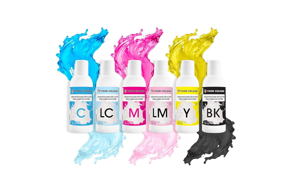 Set de coloranți alimentari cu cerneluri comestibile pentru plottere 6 x 100 ml | Cyan deschis | Cyan | Magenta deschis | | Magenta | Galben | Negru | Imprimare comestibilă, Imprimare pe hârtie tip wafer, adaos decorativ pentru prăjituri