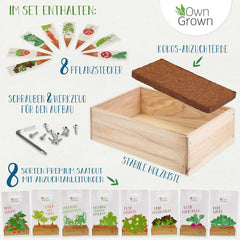 Kit de cultivo de semillas con caja de madera y 8 variedades de semillas de plantas: kit de cultivo de semillas de vegetales, fresas y hierbas para niños - Mini invernadero y mini kit de inicio de jardín de OwnGrown
