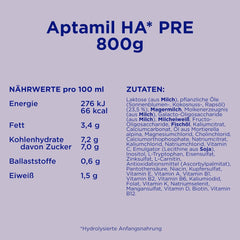 Aptamil HA PRE – Anfangsmilch von Geburt an, Mit DHA, Nur Lactose, Ohne Palmöl, Babynahrung, Milchpulver, 1x 800 g