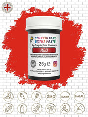 Colorant alimentar Sugarflair Colourflex Extra Paste, roșu - Colorant alimentar comestibil pentru cremă de unt, ciocolată, pastă de zahăr, glazură, fondant, mixuri pentru prăjituri, aluat și multe altele - 25g