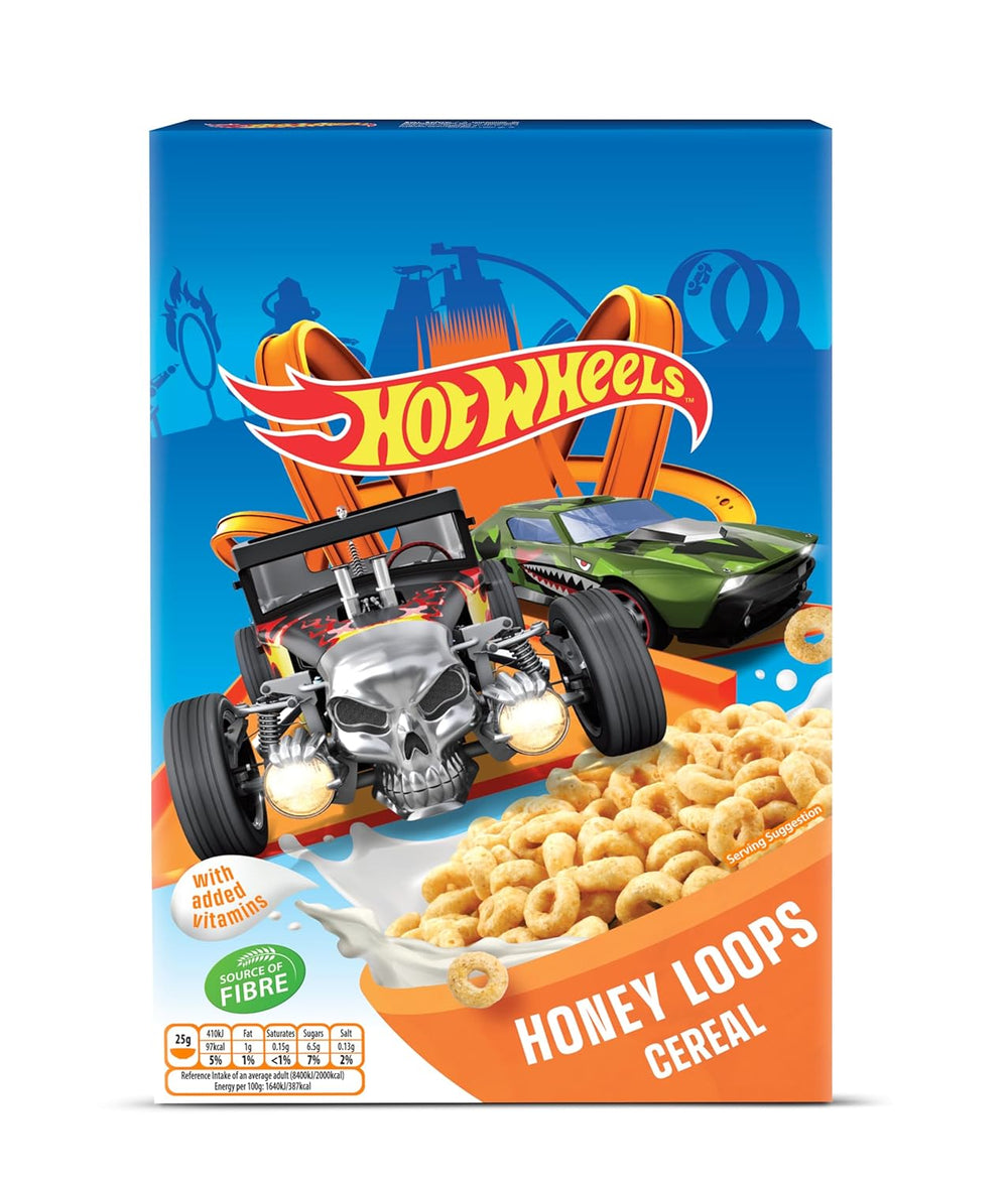 Hot Wheels Honey Loops Cereal de desayuno integral crujiente con vitaminas añadidas, 1 paquete (1 x 375 g)