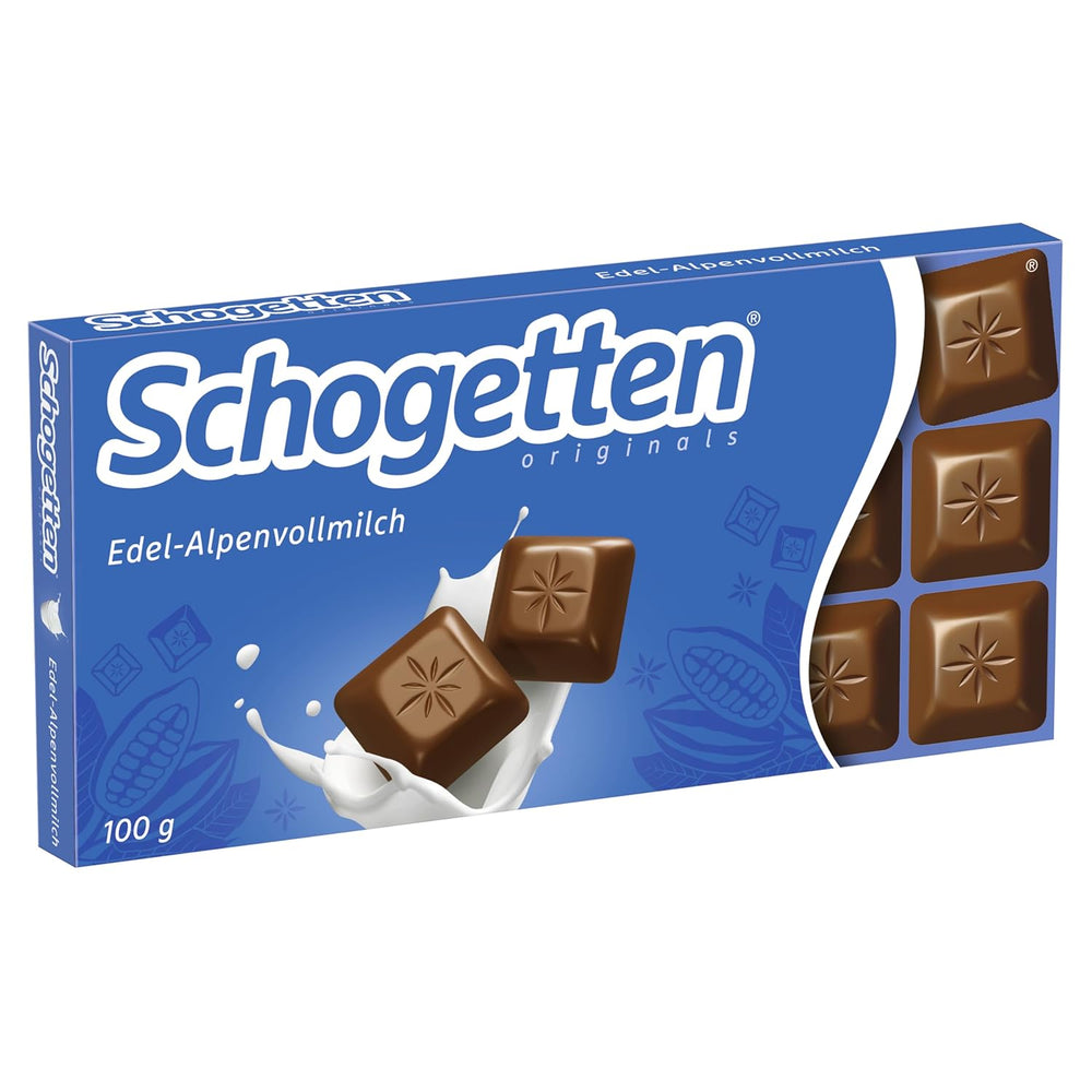 Barra de chocolate con leche Schogetten Premium Alpine, 100 g, en porciones individuales. Una delicia. Pieza por pieza.