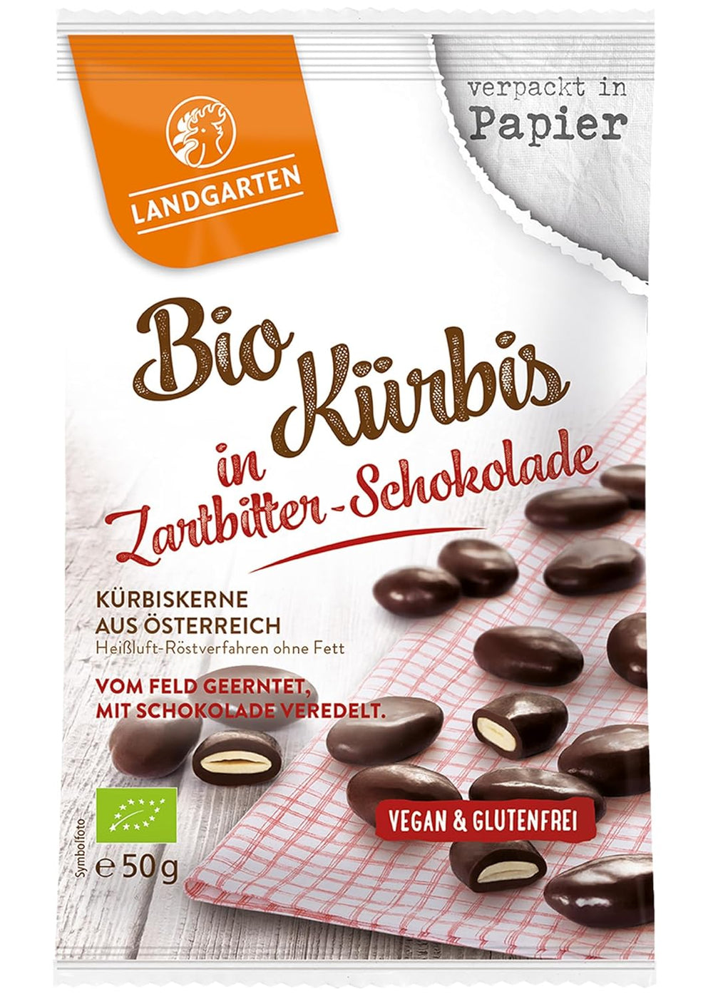 Landgarten Semillas de Calabaza Orgánicas en Chocolate Negro - Snack Vegano de Chocolate con Semillas de Calabaza Tostadas - Fuente de Magnesio - 1 x 50 g