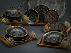 CreaTable, 23588, seria MANDALA GOLD - Negru, set de veselă cu 12 piese, set de farfurii din gresie, potrivit pentru mașina de spălat vase și cuptorul cu microunde, producție de calitate