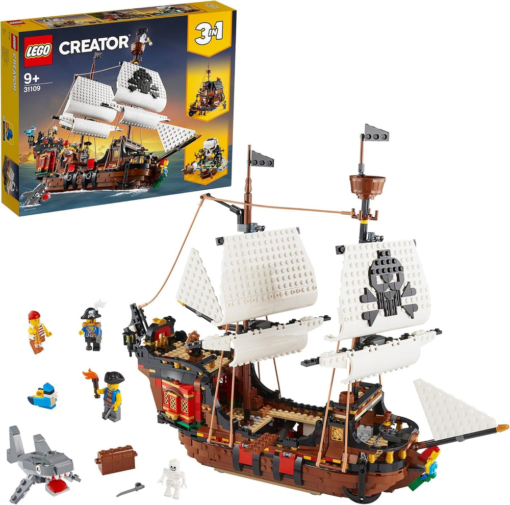 LEGO Creator Juego de barco pirata 3 en 1, juguete con 3 opciones de construcción, construye una taberna pirata o una isla pirata calavera, incluye 3 minifiguras para aventuras de rol 31109 Juegos de construcción Besuche den LEGO-Store Embalaje estándar