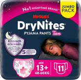 Huggies DryNites Pañales nocturnos para mojar la cama para niñas de 13 a aproximadamente 17 años (48-60 kg) 33 unidades (3 x 11) Paquete mensual gigante Calzoncillos de pañales XL