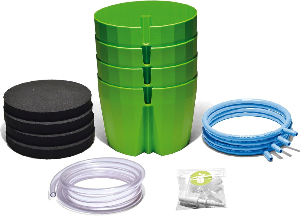 Hydro Farmer, juego de macetas de 19 piezas Ø 18 cm (verde), sistema de cultivo que incluye 4 macetas, 4 anillos de riego, 4 tapas, juego de adaptadores y manguera de 2 m, hidroponía, aeroponia