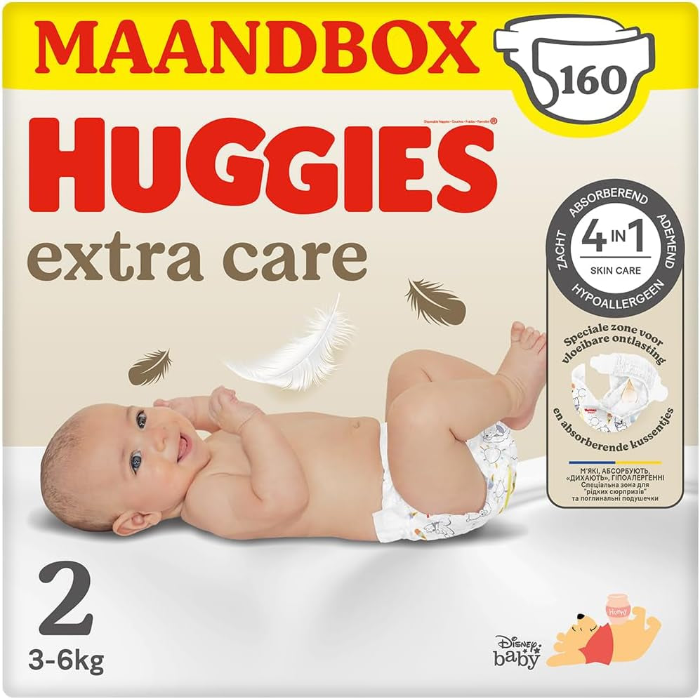 Huggies Pañales para bebé Extra Care, tamaño 2 (3-6 kg), súper absorbentes, diseño Disney, paquete a granel, 160