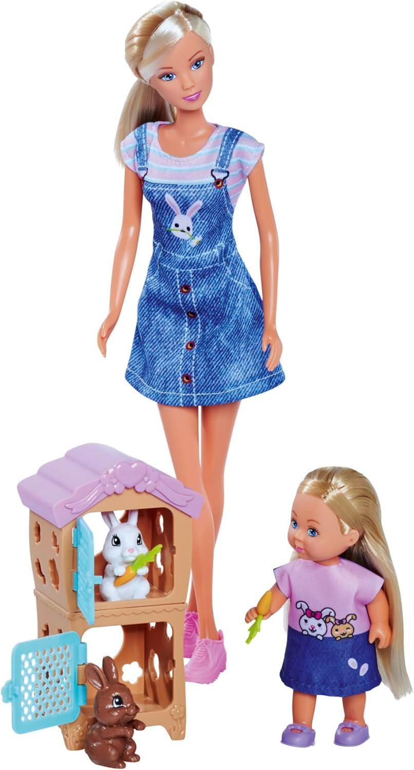 Simba Steffi Love Rabbit Family, păpușă de joacă și păpușă cu cușcă de iepuri și doi iepuri, 12 cm, 29 cm, vârste 3+