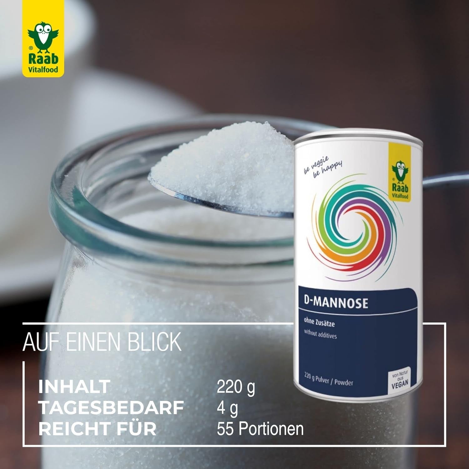 Raab Vitalfood® D-Mannose Pulver (220 G) - Frei Von Zusätzen, Vegan, Glutenfrei, Gut Löslich, Mit Meßlöffel in Der Dose, Vorratspackung, 100% D-Mannose (Gewonnen Aus Mais) Indulcitori Naty Shop