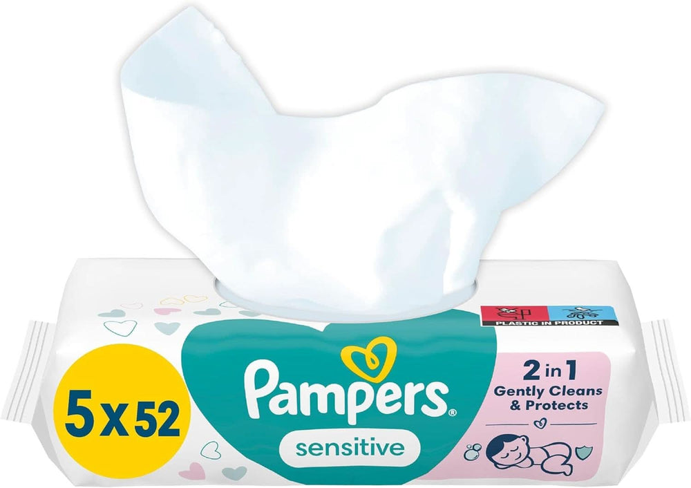 Pampers Sensitive Feuchttücher 5 Packungen Mit 52 Stück - 260 Fechttücher, Ohne Duft, Für Eine Sanfte Und Weiche Reinigung Naty Shop 260 Stück