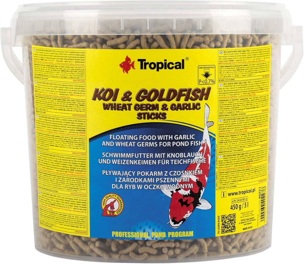 Bețișoare cu germeni de grâu și usturoi KOI&Goldfish 5L / 430g - Hrană pentru pești de iaz pentru hrănirea zilnică a peștilor koi într-o gamă largă de temperaturi de la 8 la 30°C