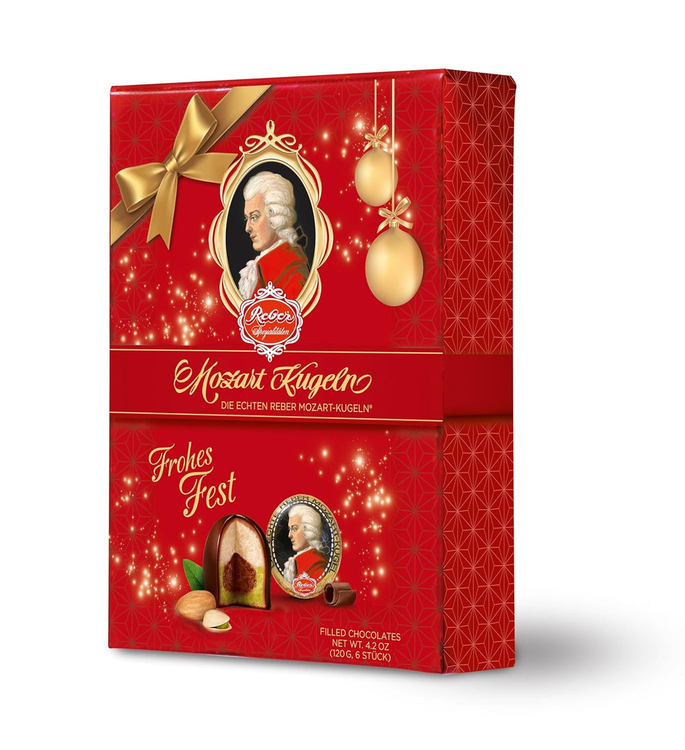 Reber Auténticas Bolas de Mozart Edición Navideña Bombones de Chocolate Negro Turrón de Mazapán Ideal Regalo de Navidad Paquete de 12