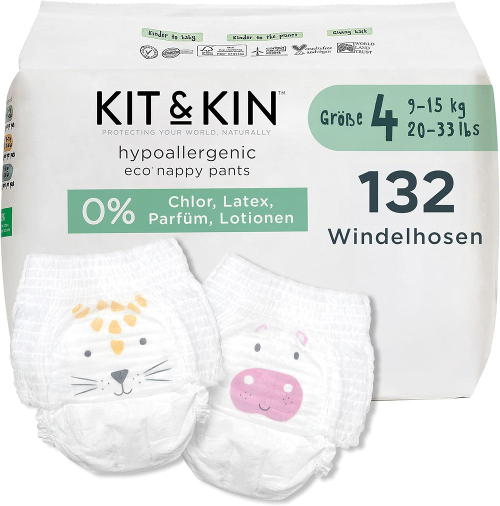 Kit & Kin Pañales ecológicos premium, talla 4 (9-16 kg), 132 pañales, a base de plantas e hipoalergénicos, protección confiable contra fugas, vegano y libre de crueldad